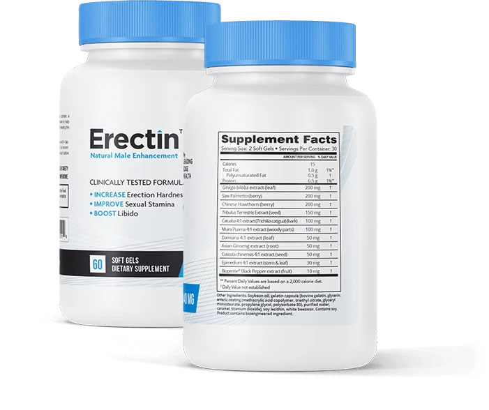 Erectin bottles — front label and Supplement Facts